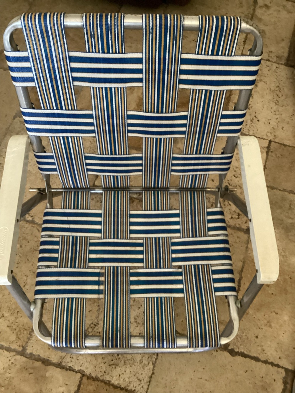 VTG SUNBEAM Gold  White & Blue Lawn Folding Chair Aluminum Webbed